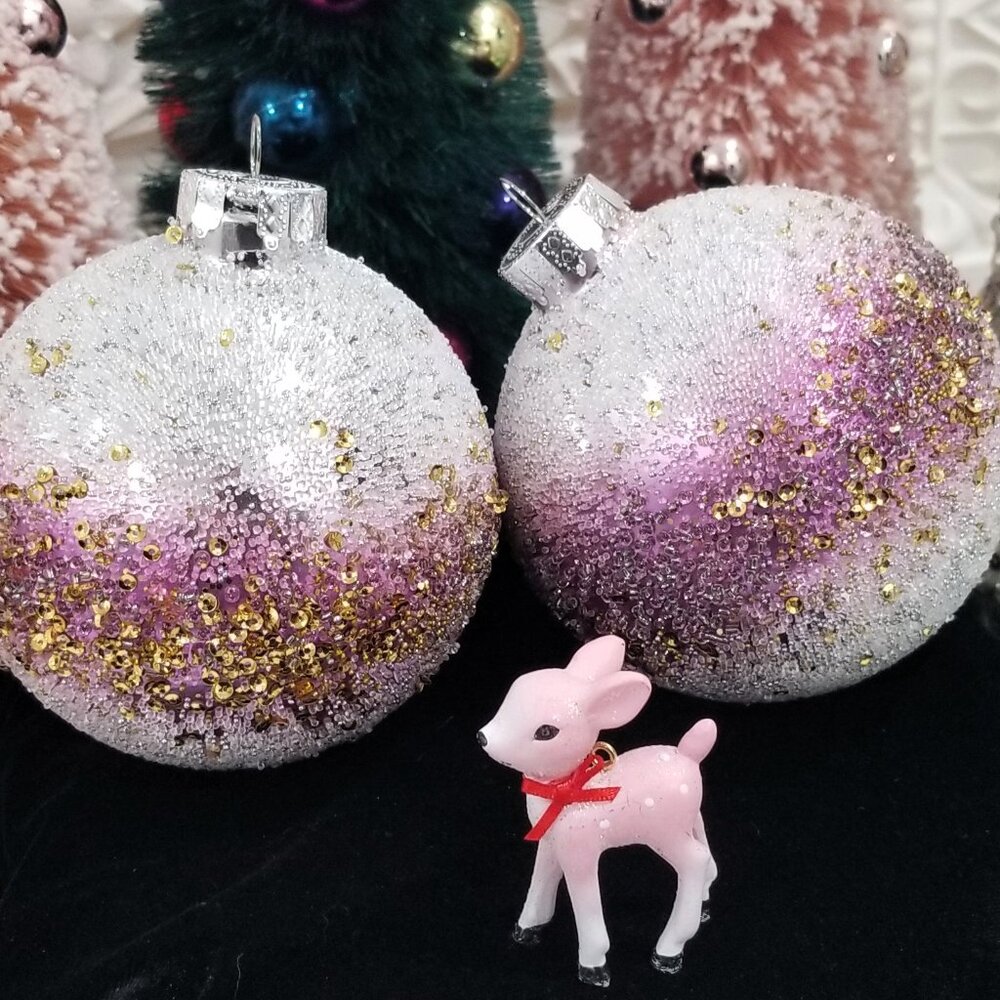 Large Pink Ombre Beaded Christmas Ornament Balls Gold Sequins Silver Frosted